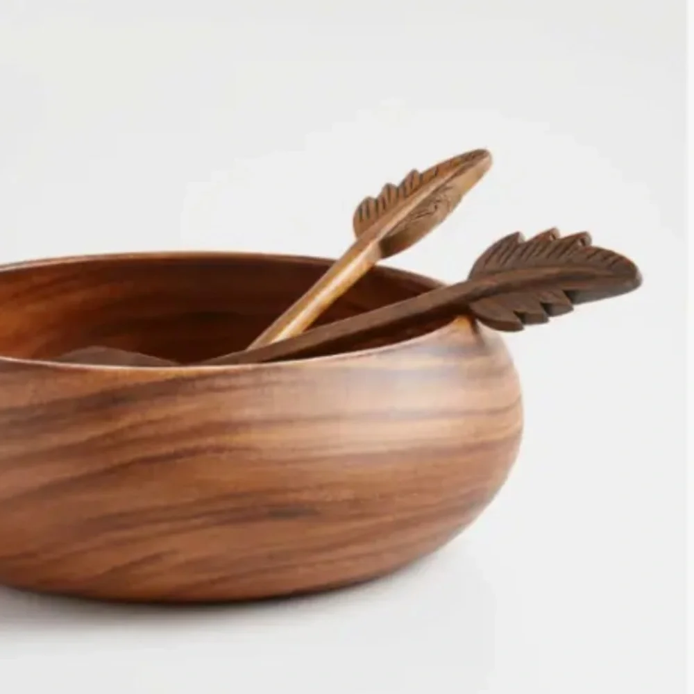 Crate and Barrel Acacia Carved Feather Wood Serving Utensils